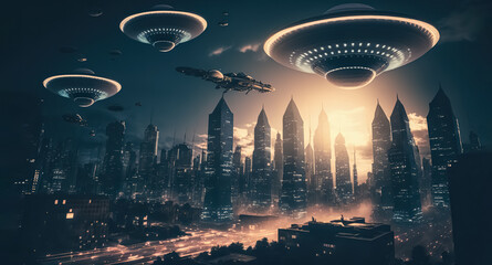 UFO Armada over downtown. giant alien spaceships over the city. UFO invasion over the city of the planet Earth. Extraterrestrial civilizations, Extraterrestrial Intelligence. digital ai art.