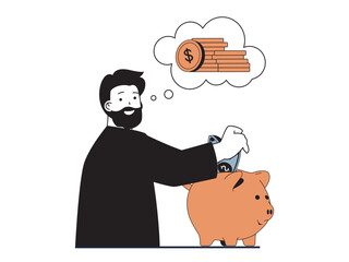 Aufkleber - Finance concept with character situation. Man saves money in piggy bank, makes deposit in bank and success invests, increasing profits. Vector illustration with people scene in flat design for web