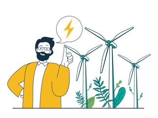 Aufkleber - Green energy concept with character situation. Man uses wind turbines to generate electricity, alternative and ecological energy sources. Vector illustration with people scene in flat design for web