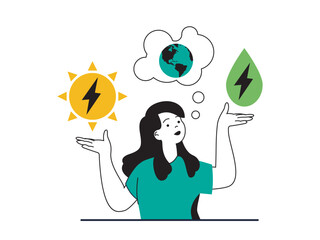 Poster - Green energy concept with character situation. Eco friendly woman trying to save earth planet nature and uses alternative energy sources. Vector illustration with people scene in flat design for web