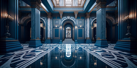 Wall Mural - A realistic fantasy blue interior of the royal palace. golden blue palace. castle interior. Fiction Backdrop. concept art. digital ai art	