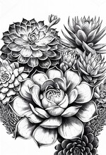 Black And White Succulent Plants Abstract Pattern. Artistic Drawn Bright Flowers And Buds Pencil Painting. AI Generated Creative Decorative Floral Realistic Vertical Poster.
