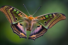 Open Colorful Exotic Butterfly On Blurred Green Background. Generated By AI.