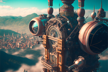 Wall Mural - steampunk city aerial view, aviator, generative ai.