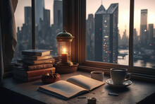 Cozy Study Nook With A View Of The City Skyline, Featuring Language Learning Materials And A Warm Cup Of Tea, Generative Ai