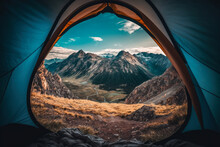 Tent Pitched On A Cliff Edge Overlooking A Stunning Valley And Mountain Range, Generative Ai