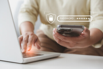 Wall Mural - Two factor multi privacy protection for password online account. Concept of mobile phone safety.