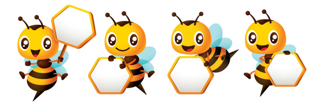 set of cartoon happy bee character holding empty honeycomb shaped signboard. protect the environment