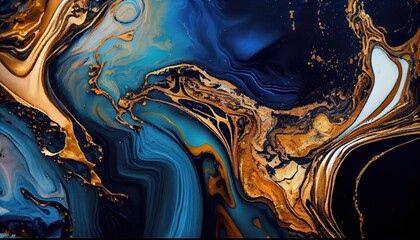 Wall Mural - Background mixed liquid paint blue and white, gold colors. Luxury marble texture. Marble wallpaper oil slick watercolor. liquid oil background. generative ai
