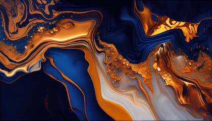 Wall Mural - Background mixed liquid paint blue and white, gold colors. Luxury marble texture. Marble wallpaper oil slick watercolor. liquid oil background. generative ai