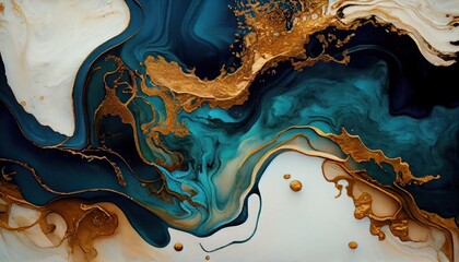 Wall Mural - Background mixed liquid paint blue and white, gold colors. Luxury marble texture. Marble wallpaper oil slick watercolor. liquid oil background. generative ai