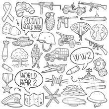 Second World War Doodle Icons. Hand Made Line Art. WW2 Clipart Logotype Symbol Design.