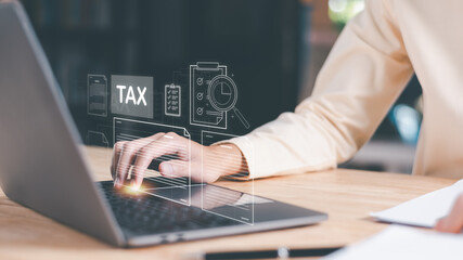 Poster - Business people planning annual tax deduction, tax rate calculation, and business financial budget, effective tax deduction planning ideas for individuals and companies, state taxes. Data analysis