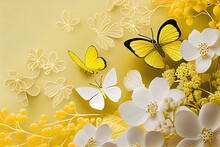 Yellow And White Butterflies And Yellow And White Flowers, Springtime, Background, Wallpaper