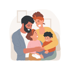 Wall Mural - Family hugs isolated cartoon vector illustration. Parents hugging two children, family happy moment, winter holiday, leisure time, express love, sharing hugs, relationship vector cartoon.