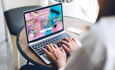 Portrait of woman relax use technology of laptop computer for fashion online shopping.Young girl enjoy shopping time summer sale and buy something purchases at home.online shopping concept
