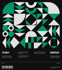 Wall Mural - Swiss poster design template layout with clean typography and minimal vector pattern with colorful abstract geometric shapes. Bold form graphic design, useful for album print,website header,web banner