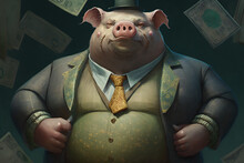 Filthy Rich Pig Is Fat And Cashed Up, Lots Of Money In His Pockets, Greedy Corporation Manager, Illustration, Swine, Portrait, Close Up, Drawing, Cartoon, Satire