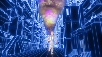 Wall Mural - Man runs along the cyberpunk city to his dream. 
