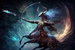 Backdrop of sacred zodiac Sagittarius symbols, astrology, alchemy, magic, sorcery and fortune telling. generative AI digital painting. Zodiac sign Sagittarius on the starry sky close up