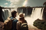 Couple looking at Iguazu falls, generative ai