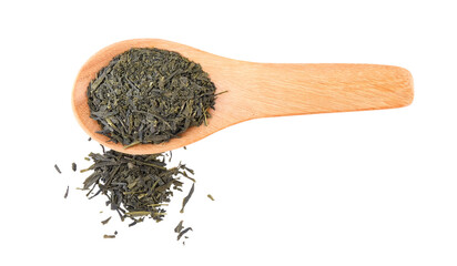 Wall Mural - dry green tea in wood spoon on transparent png