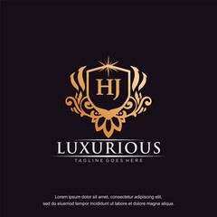 HJ initial letter luxury ornament gold monogram logo template vector art.