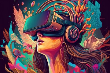 Wall Mural - Woman with VR headset exploring the metaverse. Generative AI