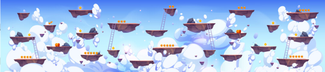 Wall Mural - flying rock islands vector game background sky landscape. 2d ui level map with floating platform, go
