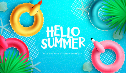 Wall Mural - hello summer vector design. hello summer greeting text with inflatable duck, flamingo and bird float