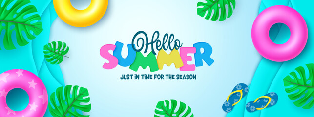 Wall Mural - Hello summer vector design. Hello summer text in abstract background with flipflop and poster element. Vector illustration summer season banner design.
