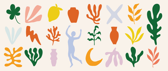 Set of abstract organic shapes inspired by matisse. Plants, body figure, algae, vase in paper cut collage style. Contemporary aesthetic vector element for logo, decoration, print, cover, wallpaper.