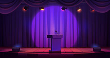 Rostrum With Microphone For Public Speech On Stage With Curtains. Vector Cartoon Illustration Of Tribune Illuminated By Spotlights. Place For Presentation, Lecture, Debate Or Graduation Ceremony