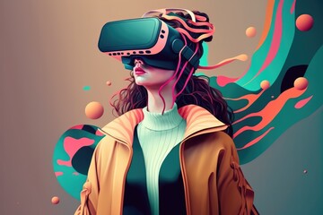 Wall Mural - Teenage girl with VR headset exploring the metaverse. Generative AI