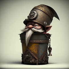 Wall Mural - Cute Isolated Steampunk Gnome in a Clockwork Garbage Can. [Sci-Fi, Fantasy, Historic, Horror Character. Graphic Novel, Video Game, Anime, Comic, Manga Portrait.]