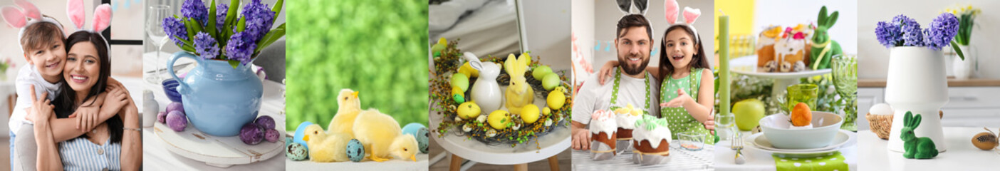 Poster - Festive collage for Easter celebration with happy families, stylish table settings and decorations