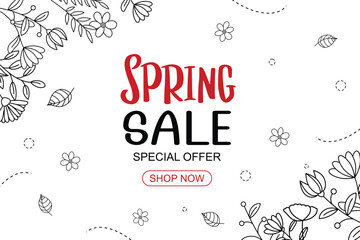 Wall Mural - spring sale banner with leaf and flower hand drawn on white background.
