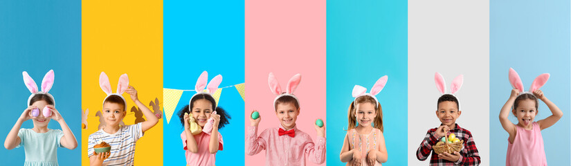 Sticker - Set of children with bunny ears and Easter eggs on color background