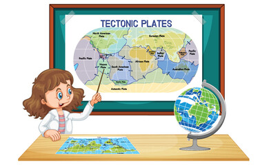 Wall Mural - student girl explaining tectonic plates