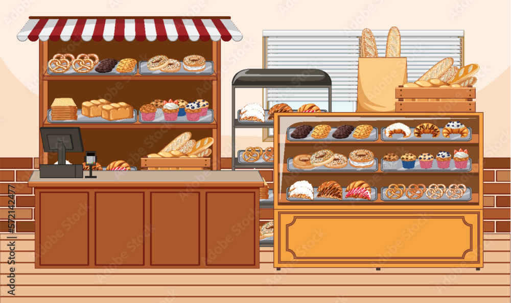 Bakery shop interior with bakery showcase Stock Vector | Adobe Stock