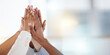 © Mia B/peopleimages.com - High five, business team and collaboration success of staff in office with mock up. Company, staff and hands together for solidarity, motivation and support with blurred background and mockup