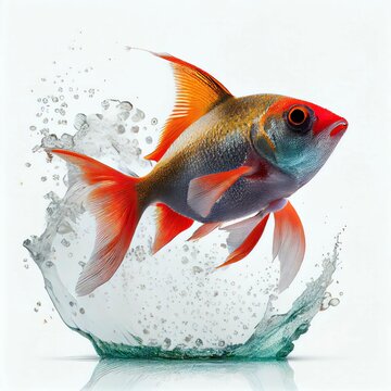 An ultra realistic Cardinal tetra fish that jumps by splashing on a white background generative ai