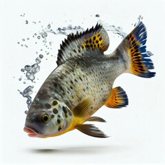 Sticker - An ultra realistic Jack Dempsey Cichlid fish that jumps by splashing on a white background