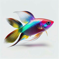 Sticker - An ultra realistic Neon tetra fish that jumps by splashing on a white background generative ai