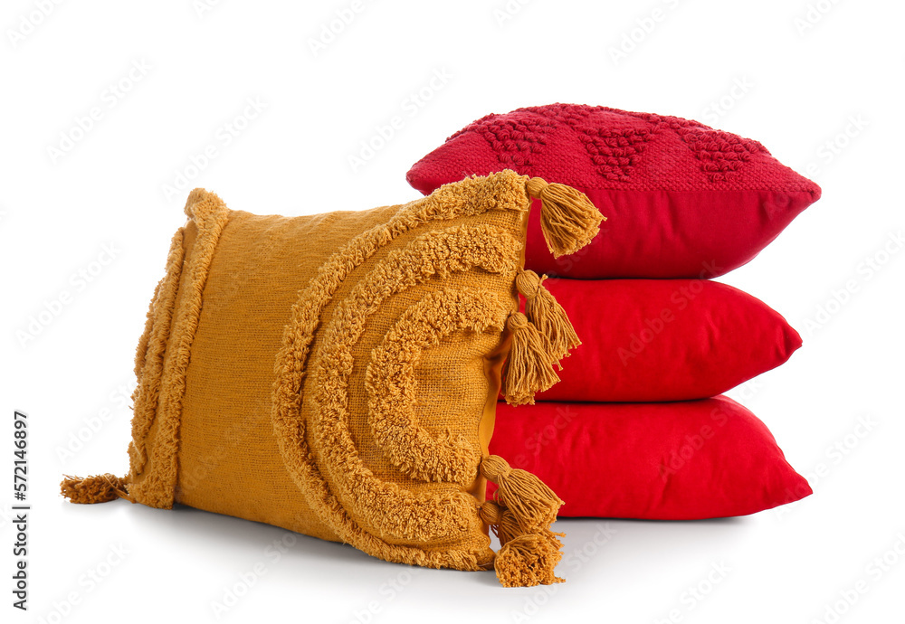 Stylish decorative pillows isolated on white background