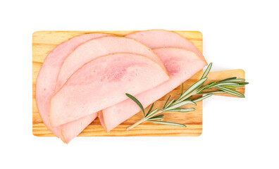 Wall Mural - Board with tasty slices of ham  and rosemary isolated on white background