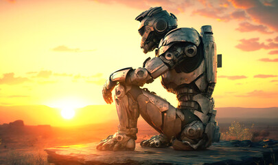 Wall Mural - A contemplative robot enjoying the serenity of a sunset