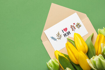 Canvas Print - Envelope, card with text I LOVE MOM and tulips on green background