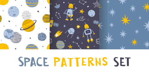 Wall Mural - cute space pattern set with robots and planets for kids. seamless cosmic vector print collection for