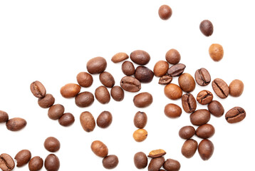 Wall Mural - Roasted coffee beans isolated on white background.